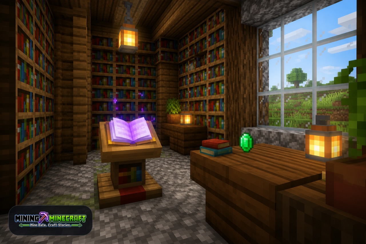 Minecraft library with lectern, enchanted book, and bookshelves