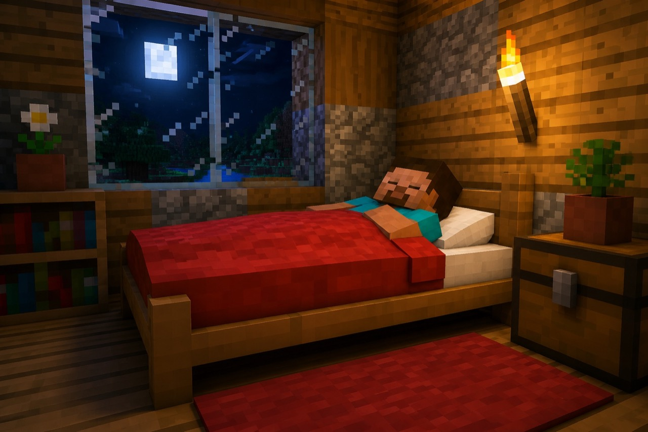 Blocky Minecraft player sleeping in a red-wool bed at night