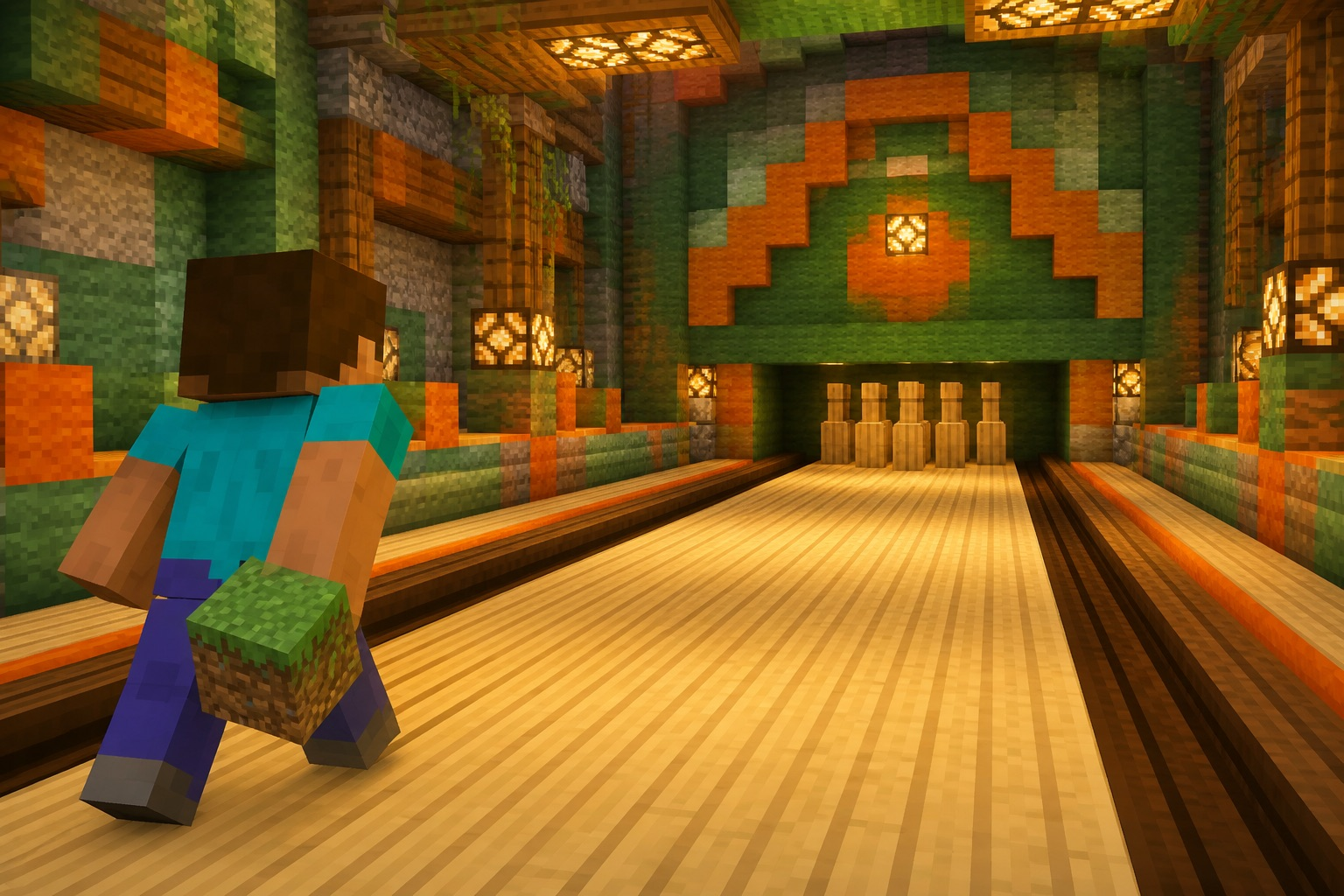 Blocky Minecraft player in a bowling alley holding a grass-block bowling ball