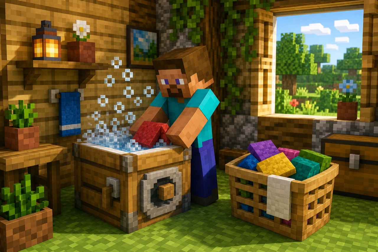 Blocky Minecraft player doing laundry with a wash basin and wool clothes