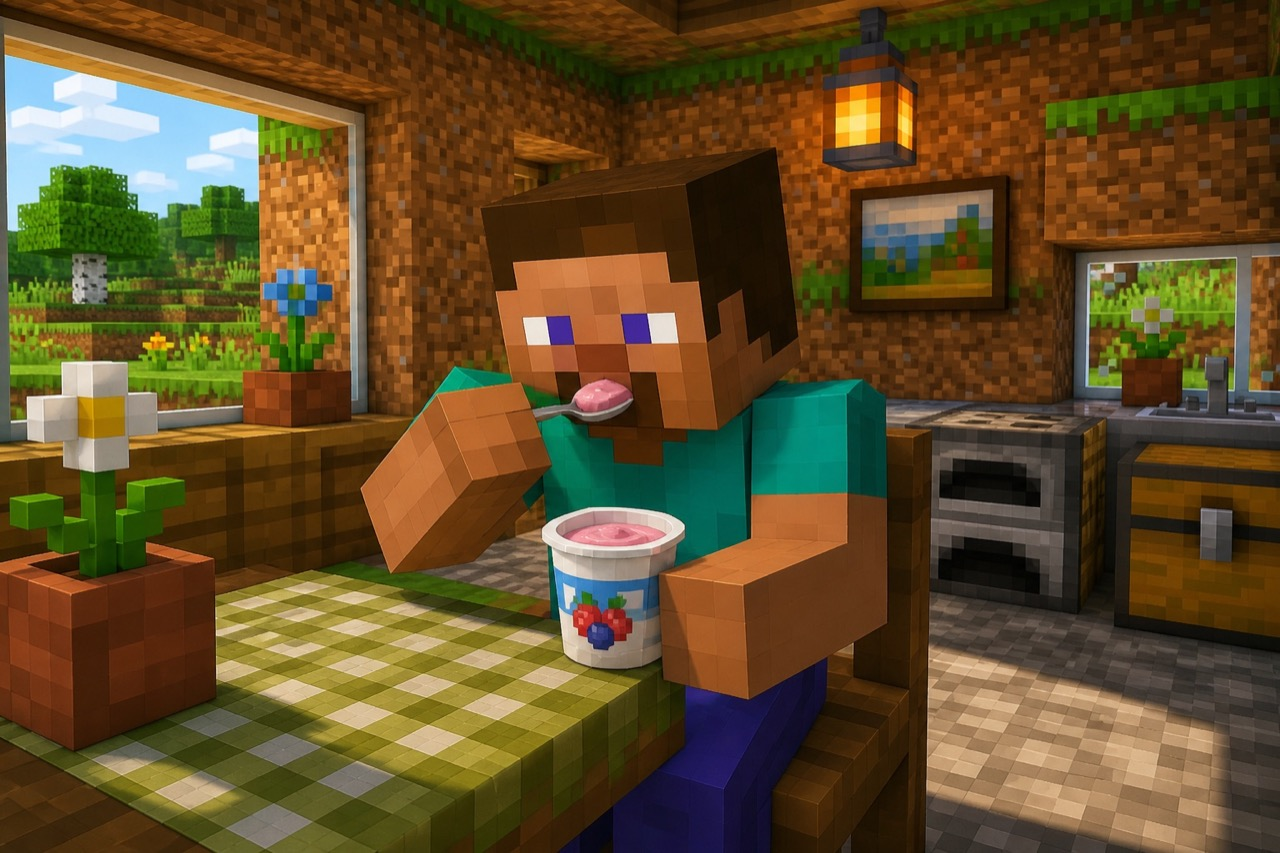 Blocky Minecraft player eating yogurt at a kitchen table