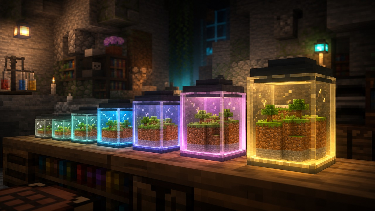 Jars of Minecraft versions on a workbench