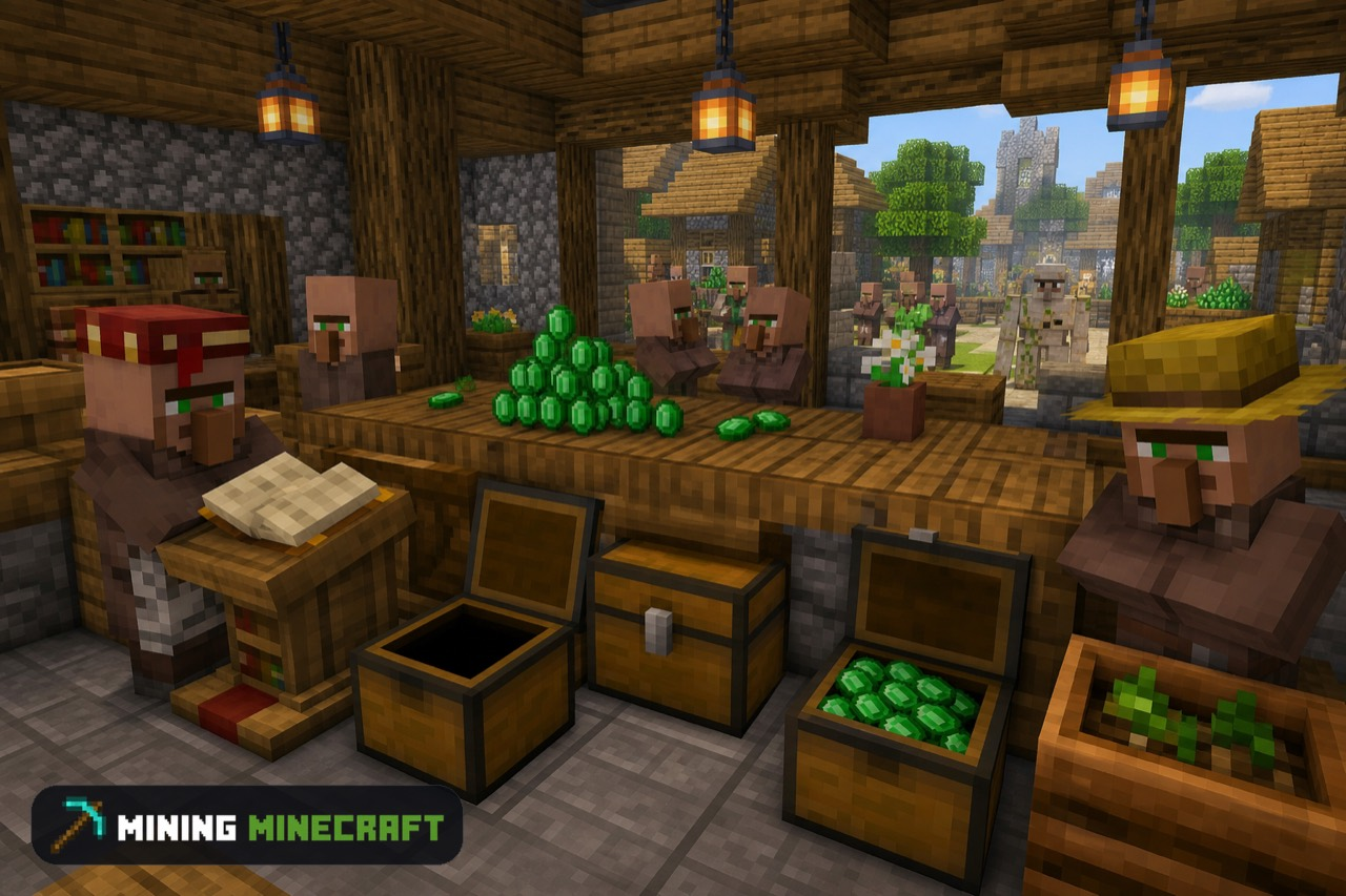 Villager trading hall showing emerald supply and demand on the counter